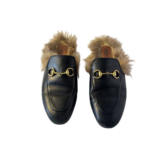 Gucci Princetown Black Leather Fur Lined Horsebit Mules Size 5.5 Designer Italy - Picture 3 of 7